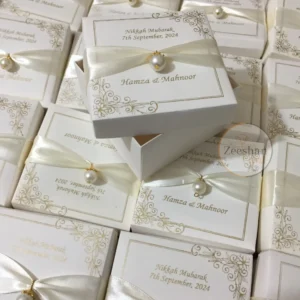 Off White Bid Box With Ribbon And Moti