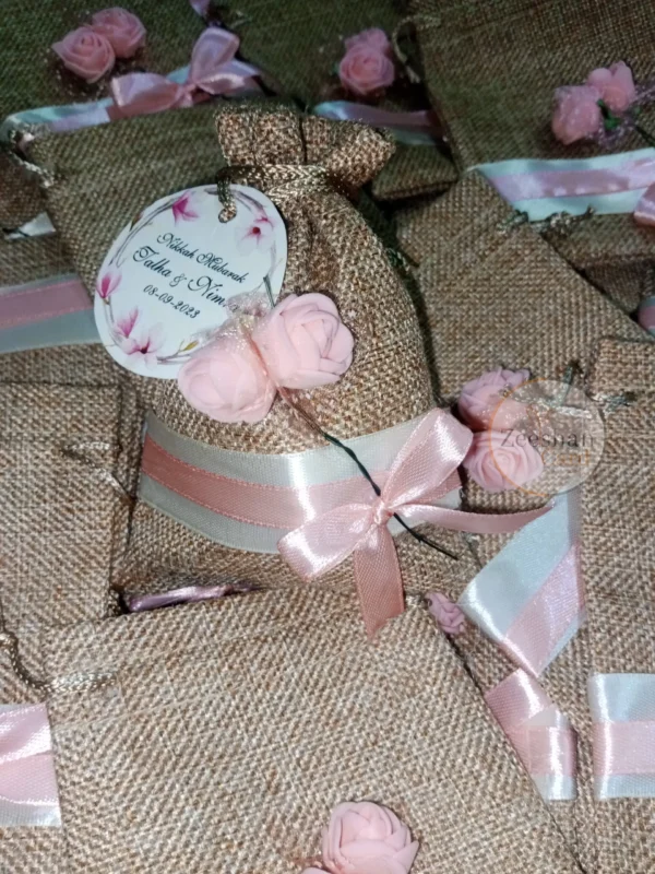 Jute Flower Pouch With Ribbon And Tag - Image 4