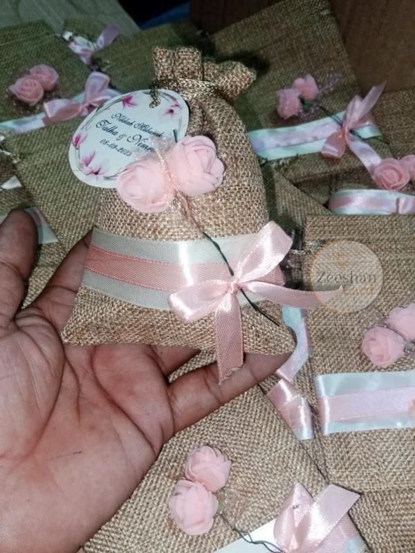 Jute Flower Pouch With Ribbon And Tag - Image 3