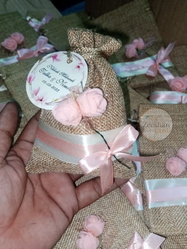 Jute Flower Pouch With Ribbon And Tag - Image 2