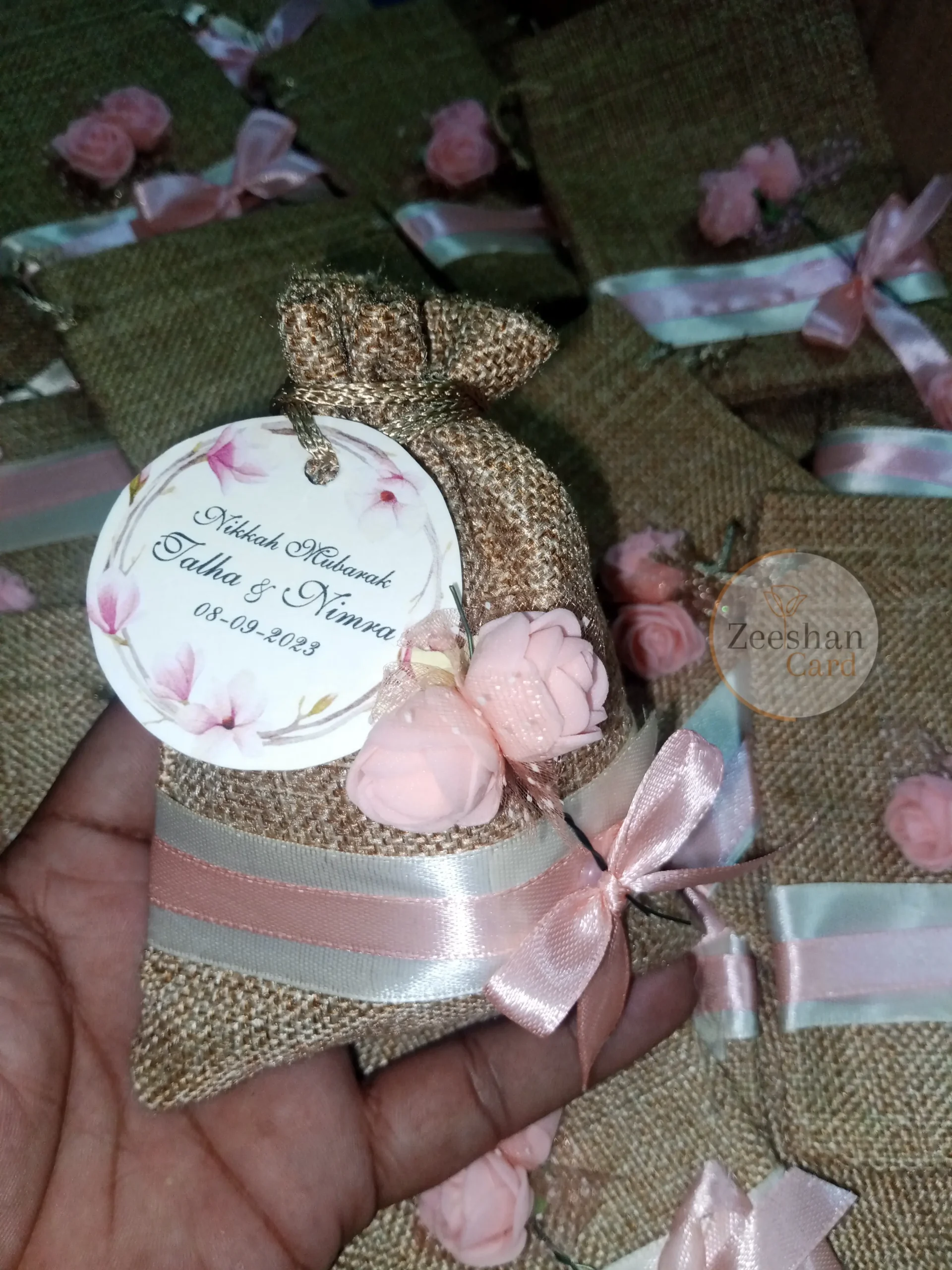 Jute Flower Pouch With Ribbon And Tag