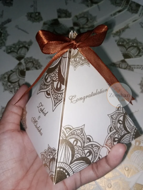 Golden Printed Triangle Bid Box With Bow